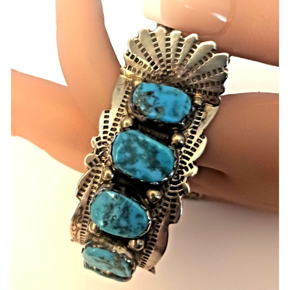 Vntg Signed Zuni 9pc Turquoise Watch Cuff Sterling 59g  (1585)